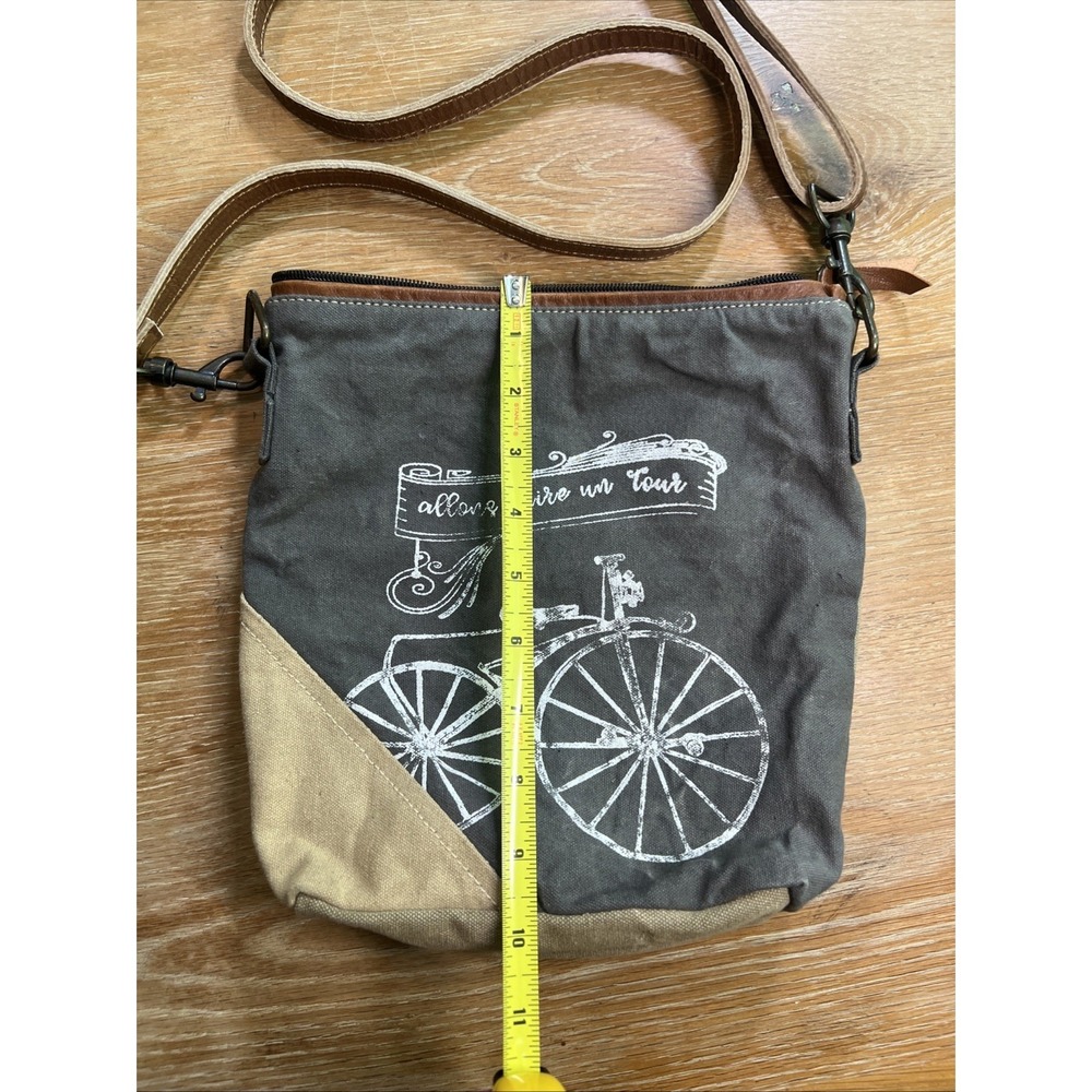 Upcycled Canvas Crossbody Bag Leather Strap Bike Bicycle Army - Picture 3 of 10